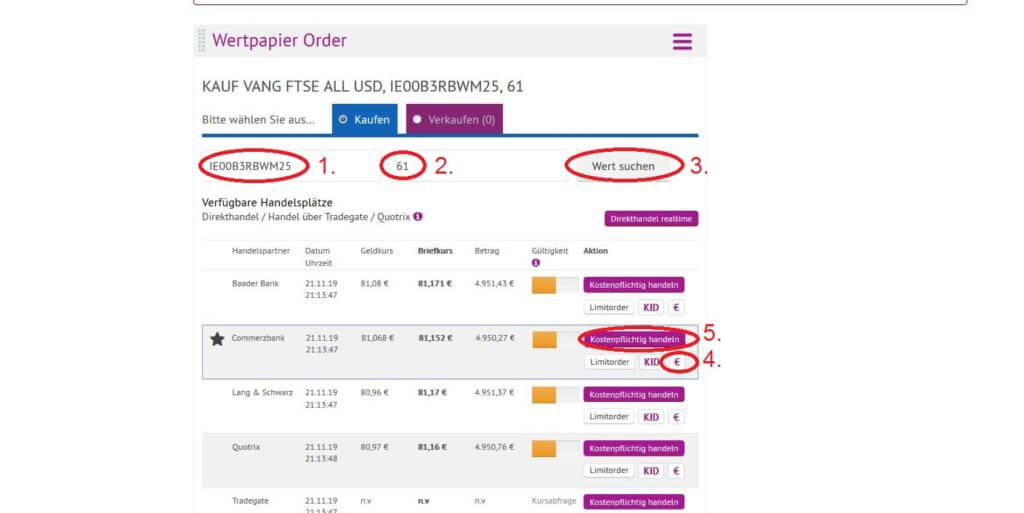 Onvista'da adım adım hisse satın alın: Adım 4: Hisse arayın, maliyetleri kontrol edin ve sipariş verin