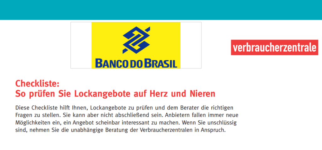 Tagesgeld Vergleich - Test der Verbraucherzentrale von Banco do Brasil