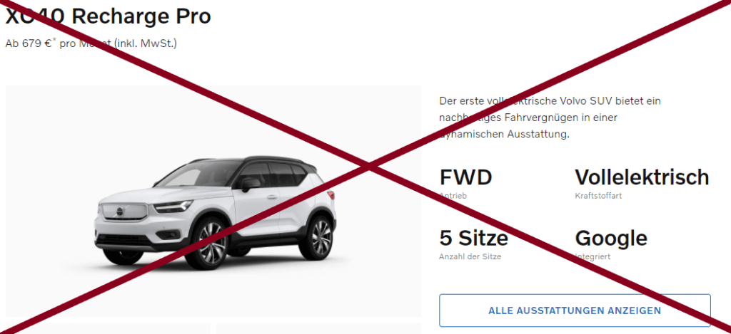 La suscripción de automóvil Care by Volvo solo está disponible con una buena calificación crediticia. Además, puede configurar los autos usted mismo como cuando compra un auto nuevo, pero eso no es barato.