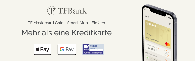 Credit card issued even with poor credit rating/ negative Schufa: TF Bank's free credit card.