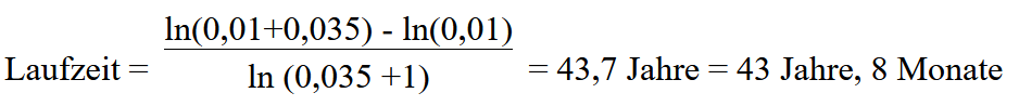 Formel um die Laufzeit eines Kredits zu berechnen mit einer Tilgung von 1 Prozent und 3,5 Prozent Zinsen als Beispiel.